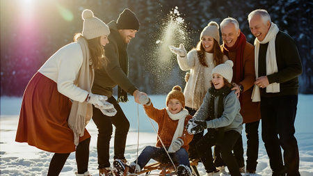 Happy family having fun with sledge in winter park. They are playing snowballs and smilingの素材