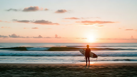 Surfer with surfboard on the beach at sunset, Bali, Indonesiaの素材