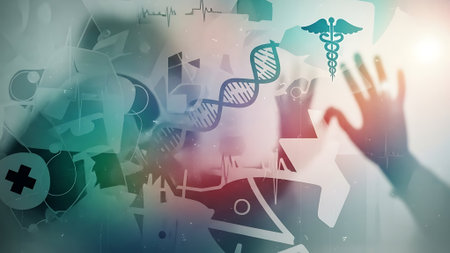 Science and medical background with dna molecule research and development concept. Double exposureの素材