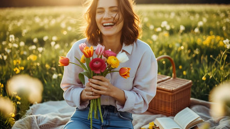 Beautiful young woman sitting in the grass with a bouquet of tulips.の素材