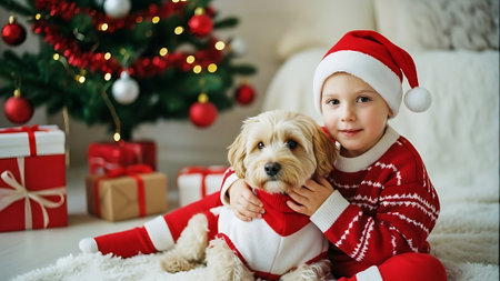 Cute little boy in Santa Claus costume with dog at home.の素材