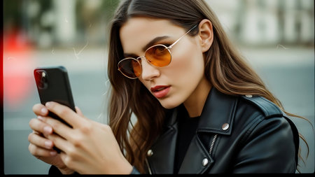 beautiful young woman in sunglasses using smartphone on street, closeupの素材