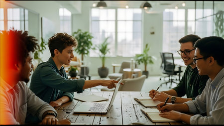 Group of young multiethnic business people working together in modern officeの素材