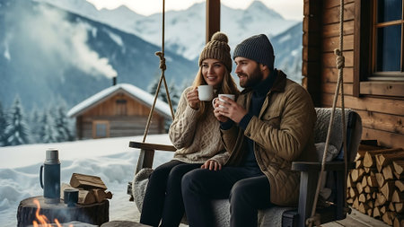 Couple in love is drinking tea and smiling while sitting on the terrace of the house in the mountainsの素材