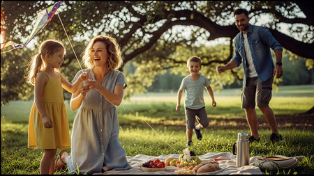 Happy family having picnic in the park. Mother, father and children having fun outdoors.の素材