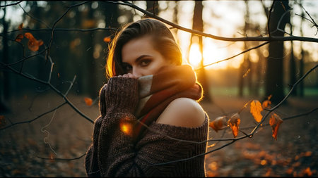 Beautiful young woman in the autumn forest at sunset. Beauty, fashion.の素材