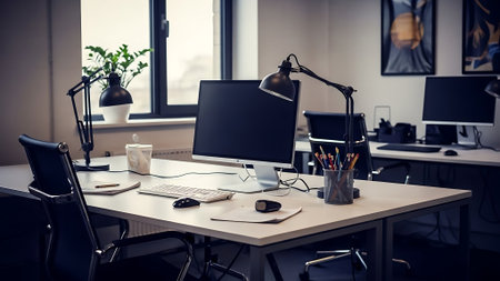 Workplace in modern office with computer, lamp and other items.の素材