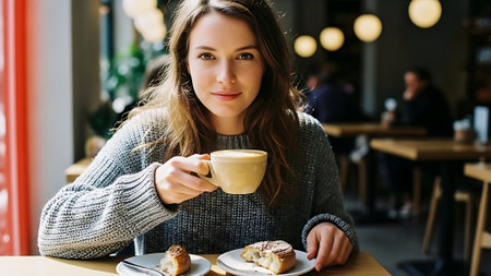 Portrait of beautiful young woman with cup of coffee in cafe.の素材