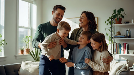 Cheerful young family with two kids spending time together at homeの素材