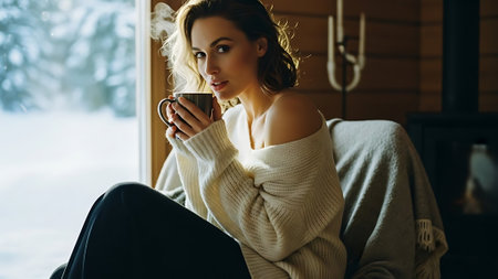 Beautiful young woman drinking coffee at home on a winter day.の素材