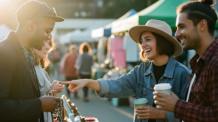 Group of friends talking and drinking takeaway coffee at the street food marketの素材