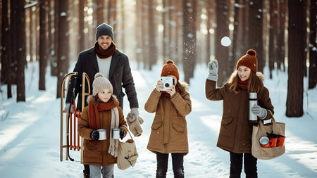Photo of happy family in winter forest. Mother, father and children are playing with snowballs.の素材