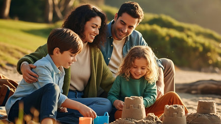 Happy family playing with sand on the beach. Mother, father and children having fun outdoors.の素材