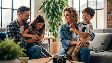 Beautiful young family is talking and smiling while sitting on sofa at homeの素材