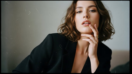 Portrait of a beautiful young woman in a black jacket. Studio shot.の素材