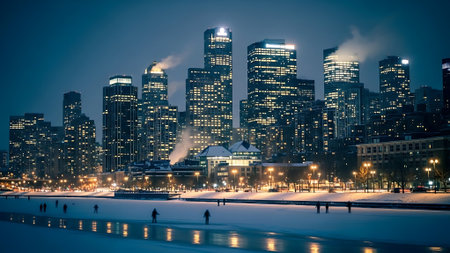 Cityscape of Chicago at night with frozen lake and skyscrapersの素材