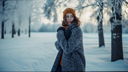 Portrait of a beautiful young woman in a winter park. A girl in a warm coat and a hat walks in the snow.の素材