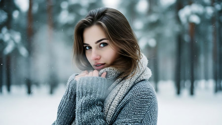 Portrait of a beautiful girl in a gray sweater and scarf in the winter forestの素材