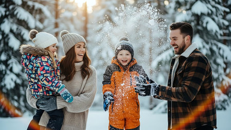 Happy family playing snowballs in winter forest. Mother, father and children having fun outdoors.の素材