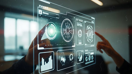 Businesswoman on blurred background using digital interface with datas 3D renderingの素材