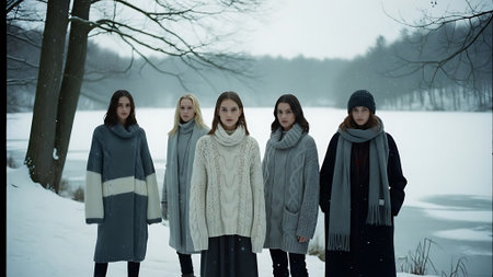 Group of friends walking in winter park. Group of young women spending time together.の素材