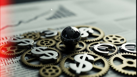 Business concept. Silver gear wheel and black glass ball on the financial report.の素材