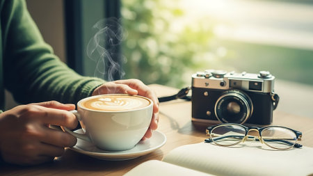 Close up of woman hand holding cup of coffee with book and camera on wooden table.の素材