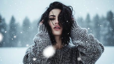 Winter portrait of beautiful young brunette woman in snowy forest. Snowfall.の素材
