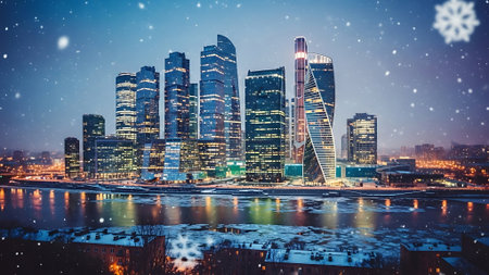 Moscow city skyscrapers at night with snowfall, Russia.の素材
