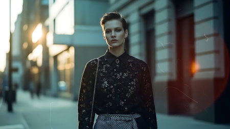 Beautiful young woman walking on the city street at sunset. Fashion shot.の素材