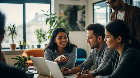 Smiling businesswoman working on laptop with colleagues at table in officeの素材