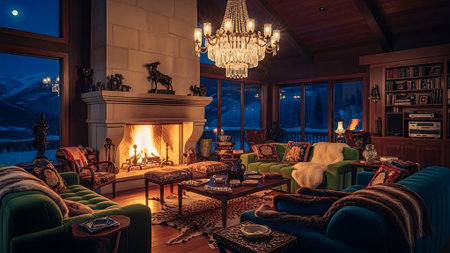 Interior of a cozy living room with a fireplace and armchairsの素材
