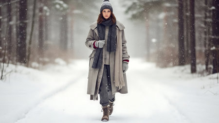 Beautiful young woman walking in the winter forest. Winter fashion.の素材