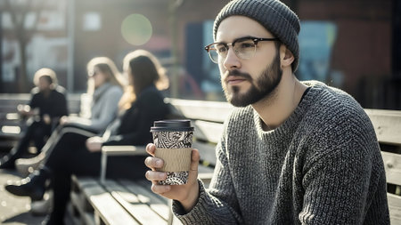 Young bearded hipster man in glasses and a gray sweater with a cup of coffee in his hand sitting on a bench in the city.の素材