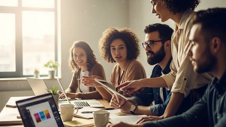 Multiethnic startup business team on meeting in modern bright office interior brainstorming, working on laptop and tablet computerの素材