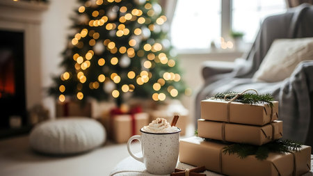 Cup of hot cocoa with marshmallow and Christmas gifts on blurred backgroundの素材