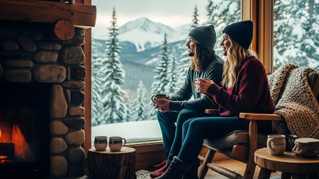 Couple in warm sweaters and hats sitting on the windowsill in front of the fireplace in the mountains and drinking coffeeの素材