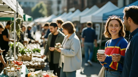 Smiling young woman holding cup of coffee and looking at camera while standing at market stallの素材
