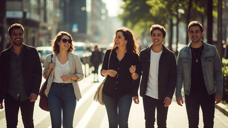 Group of young people walking in the city on a sunny day.の素材