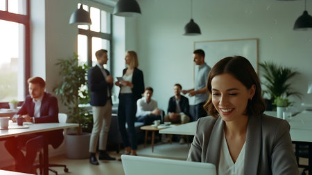 Smiling businesswoman using laptop in modern office with colleagues in backgroundの素材