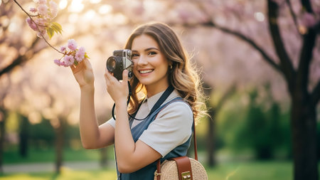 Beautiful young woman taking photos with vintage camera in blooming parkの素材