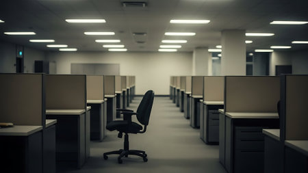 Empty open space office with rows of tables and chairs. 3d renderingの素材