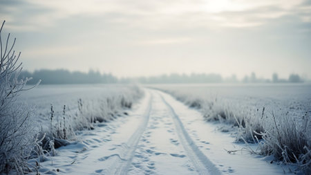 Winter landscape with road in the middle of the field covered with snowの素材