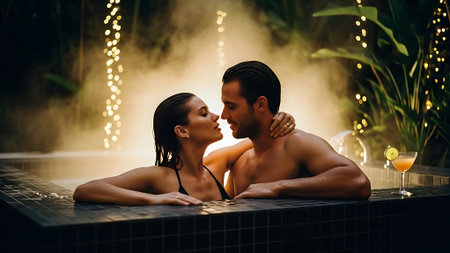 Couple in love kissing in a hot tub. Man and woman in the spa.の素材