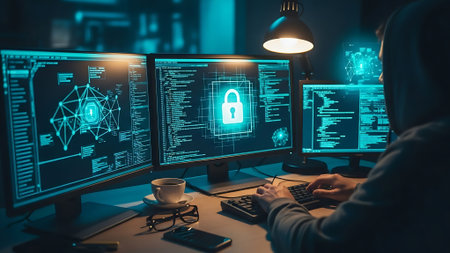 Cyber security concept: hacker using computer to steal data from the internet.の素材