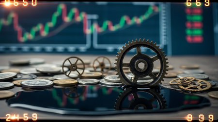Coins and gears on the background of the stock exchange chart.の素材