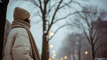 Young woman in a winter coat in the city on a snowy dayの素材