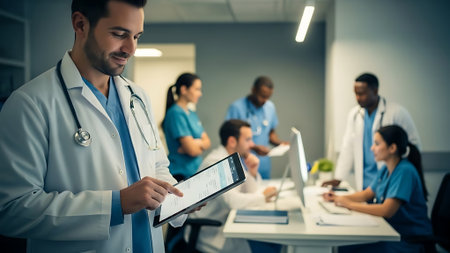 Doctor using tablet computer in hospital office. Medical healthcare and doctor staff service.の素材