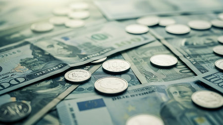 Dollars and coins on the background of the dollar banknotesの素材