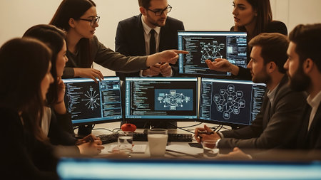 Group of business people working in modern office. They are using computers to analyze financial data.の素材